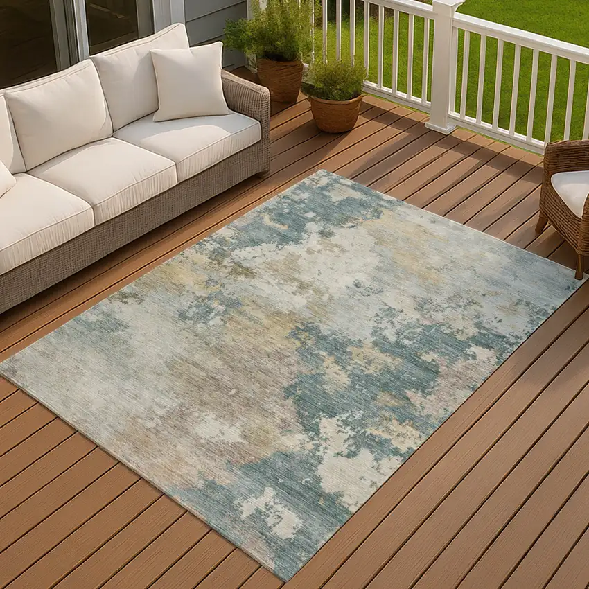 Teal Blue And Gold Abstract Washable Indoor Outdoor Area Rug Photo 3