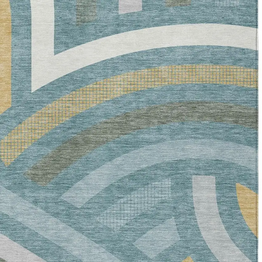 Teal Blue And Gold Abstract Washable Indoor Outdoor Area Rug Photo 2