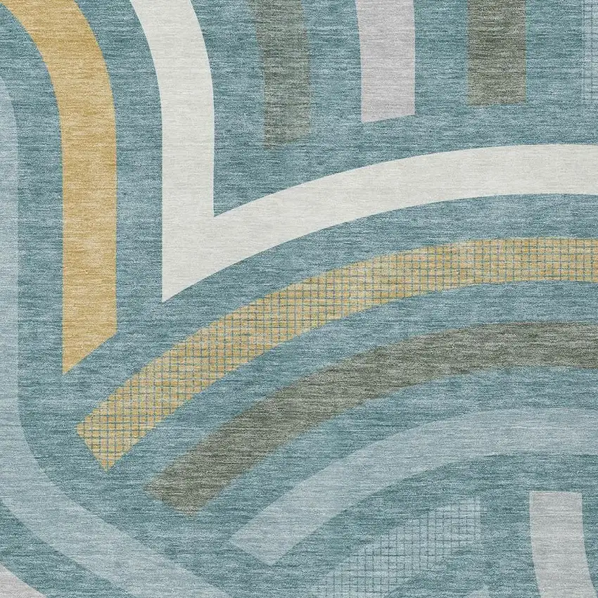 Teal Blue And Gold Abstract Washable Indoor Outdoor Area Rug Photo 2