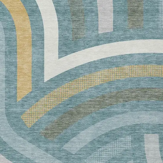 Teal Blue And Gold Abstract Washable Indoor Outdoor Area Rug Photo 2