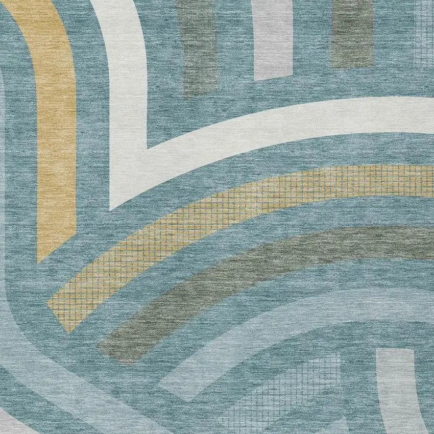 Teal Blue And Gold Abstract Washable Indoor Outdoor Area Rug Photo 2