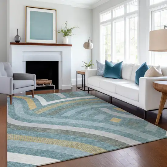 Teal Blue And Gold Abstract Washable Indoor Outdoor Area Rug Photo 6