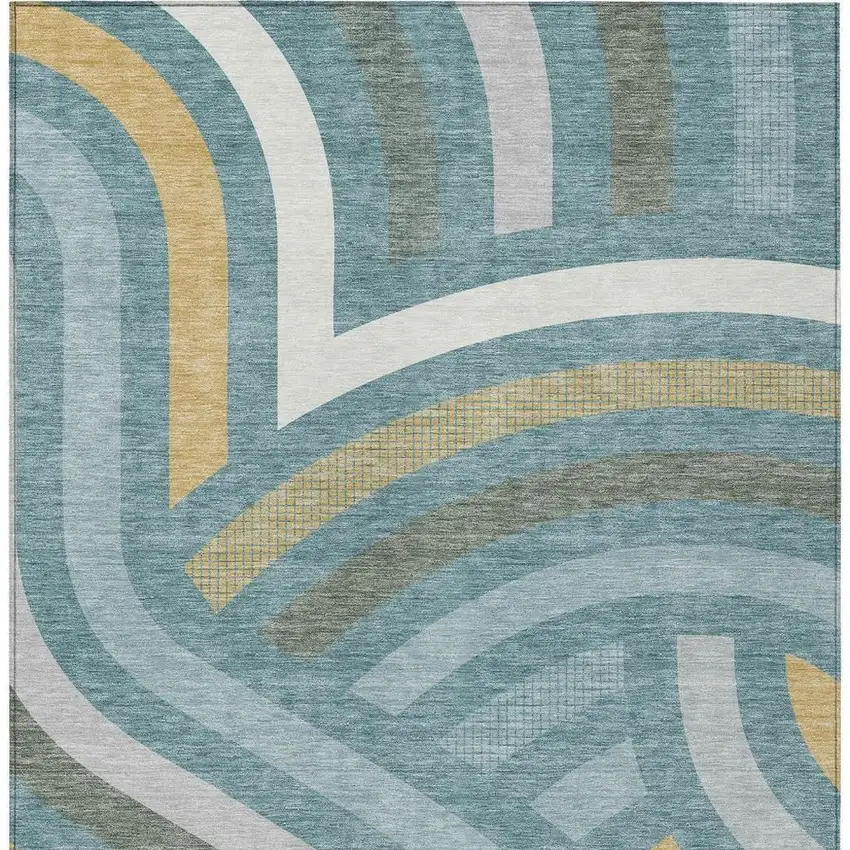 Teal Blue And Gold Abstract Washable Indoor Outdoor Area Rug Photo 3