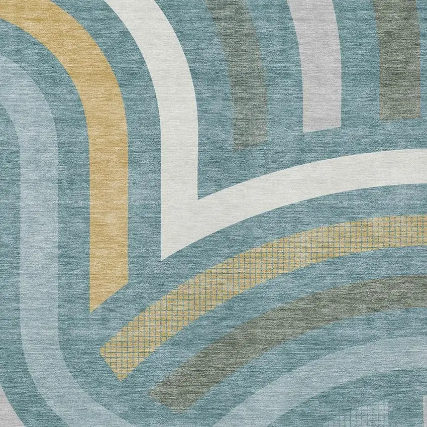 Teal Blue And Gold Abstract Washable Indoor Outdoor Area Rug Photo 2