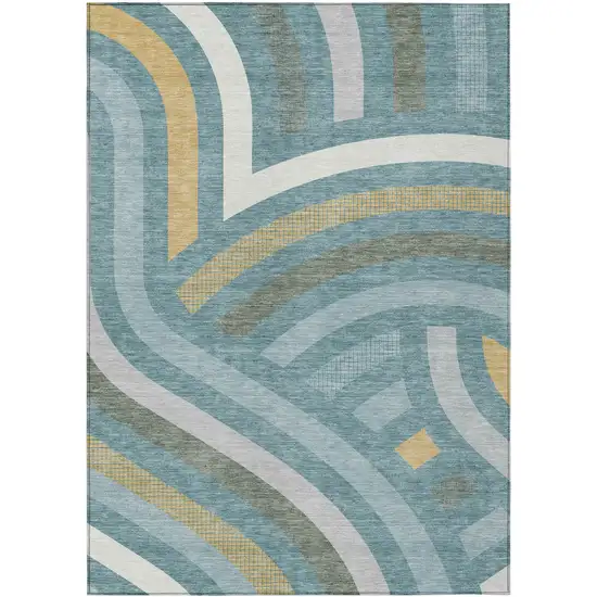 Teal Blue And Gold Abstract Washable Indoor Outdoor Area Rug Photo 1