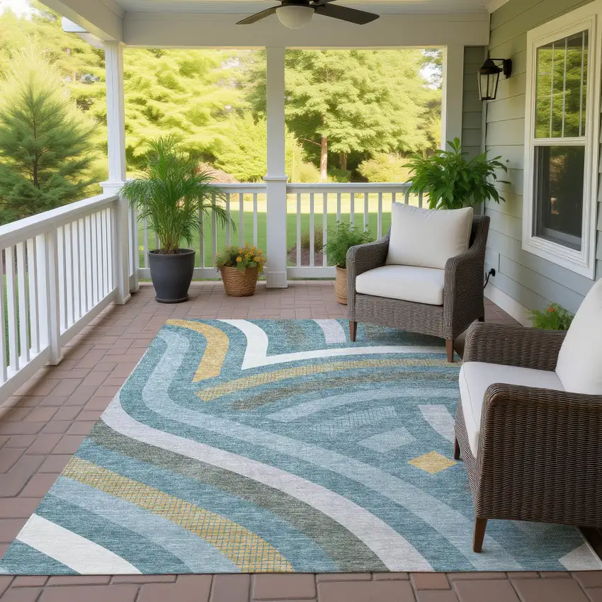 Teal Blue And Gold Abstract Washable Indoor Outdoor Area Rug Photo 4
