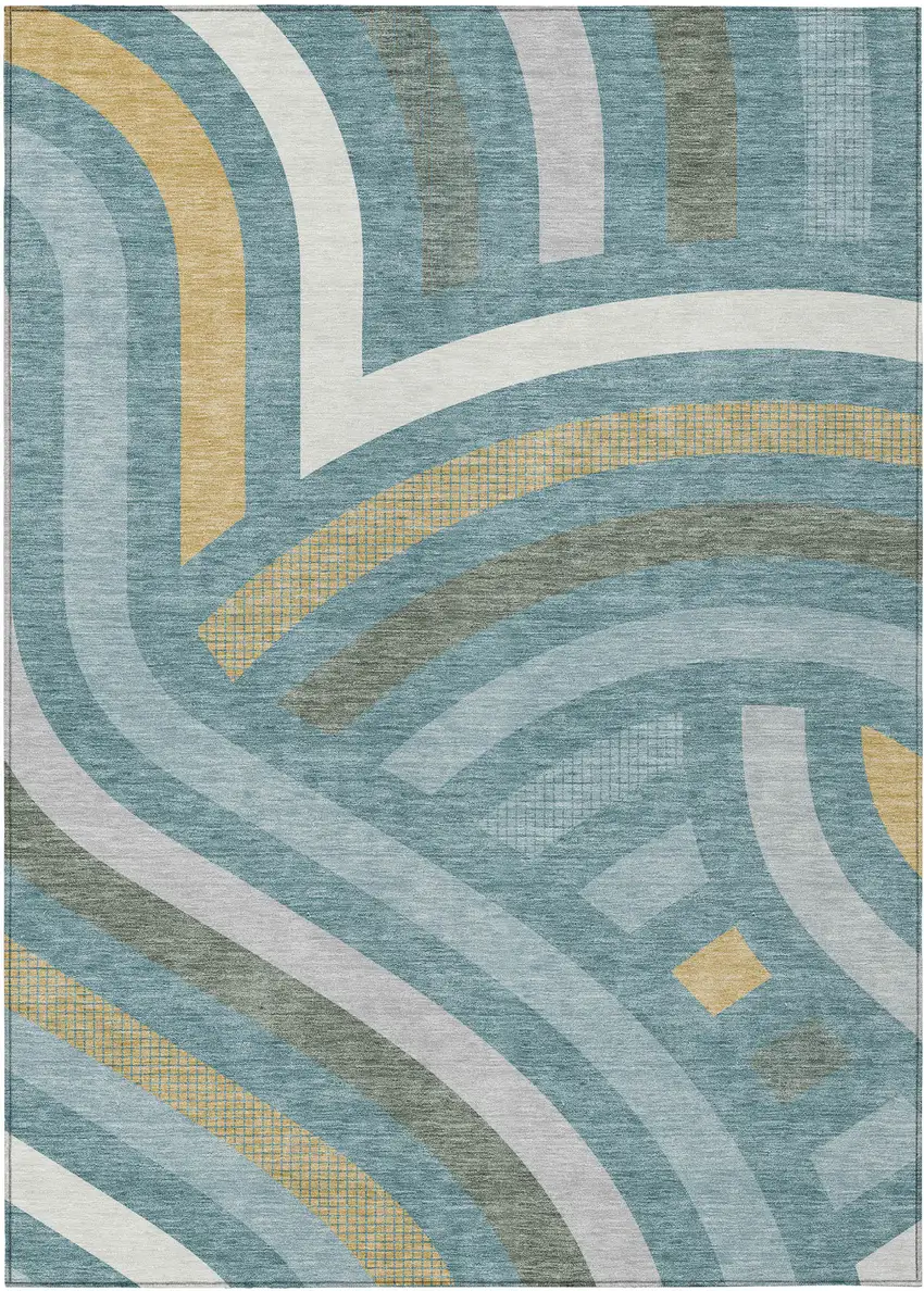 Teal Blue And Gold Abstract Washable Indoor Outdoor Area Rug Photo 1