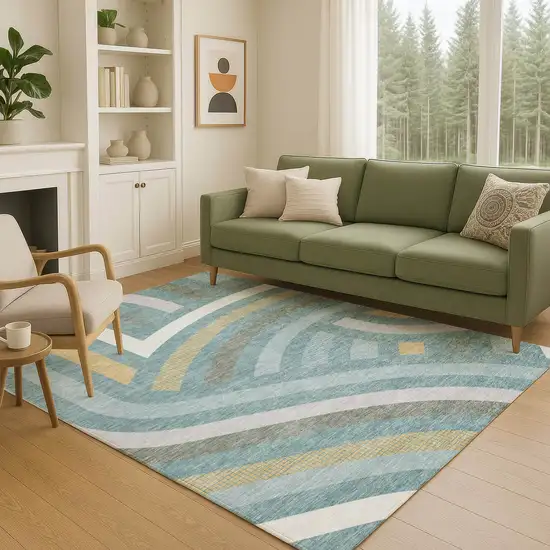 Teal Blue And Gold Abstract Washable Indoor Outdoor Area Rug Photo 5