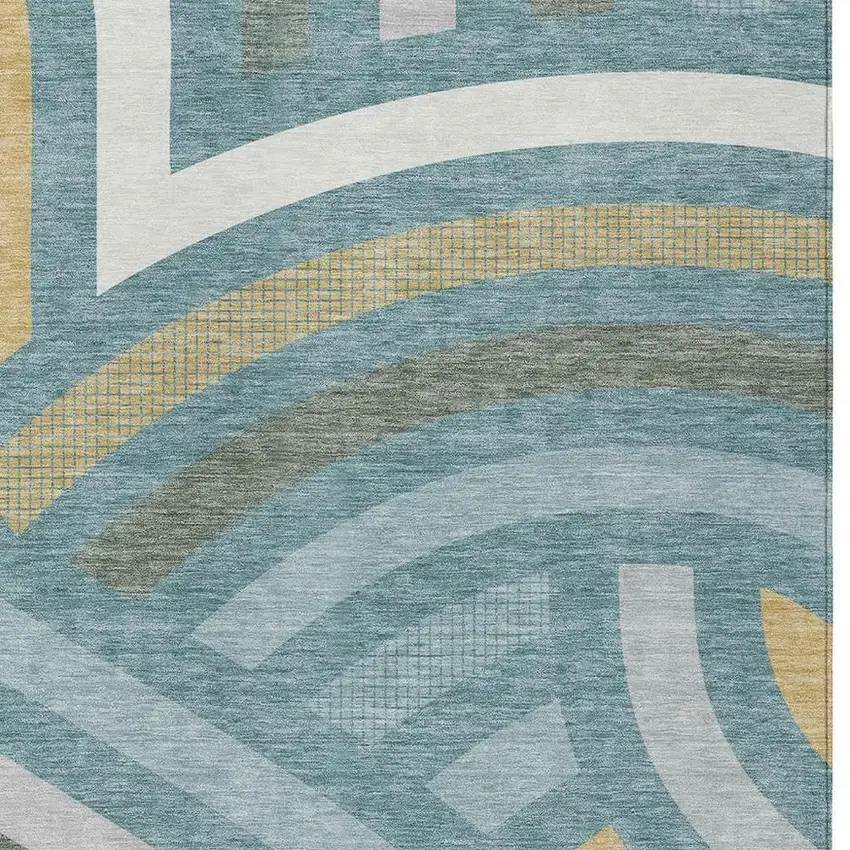 Teal Blue And Gold Abstract Washable Indoor Outdoor Area Rug Photo 2