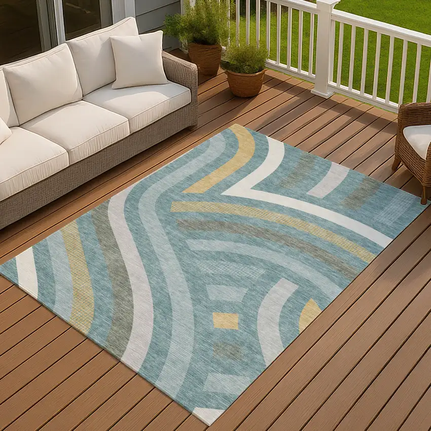 Teal Blue And Gold Abstract Washable Indoor Outdoor Area Rug Photo 7