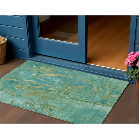 Teal Blue And Gold Botanical Leaves Washable Indoor Outdoor Area Rug Photo 1