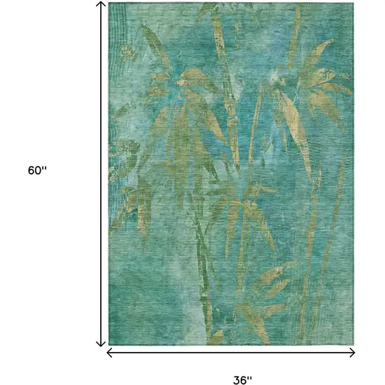 Teal Blue And Gold Botanical Leaves Washable Indoor Outdoor Area Rug Photo 3