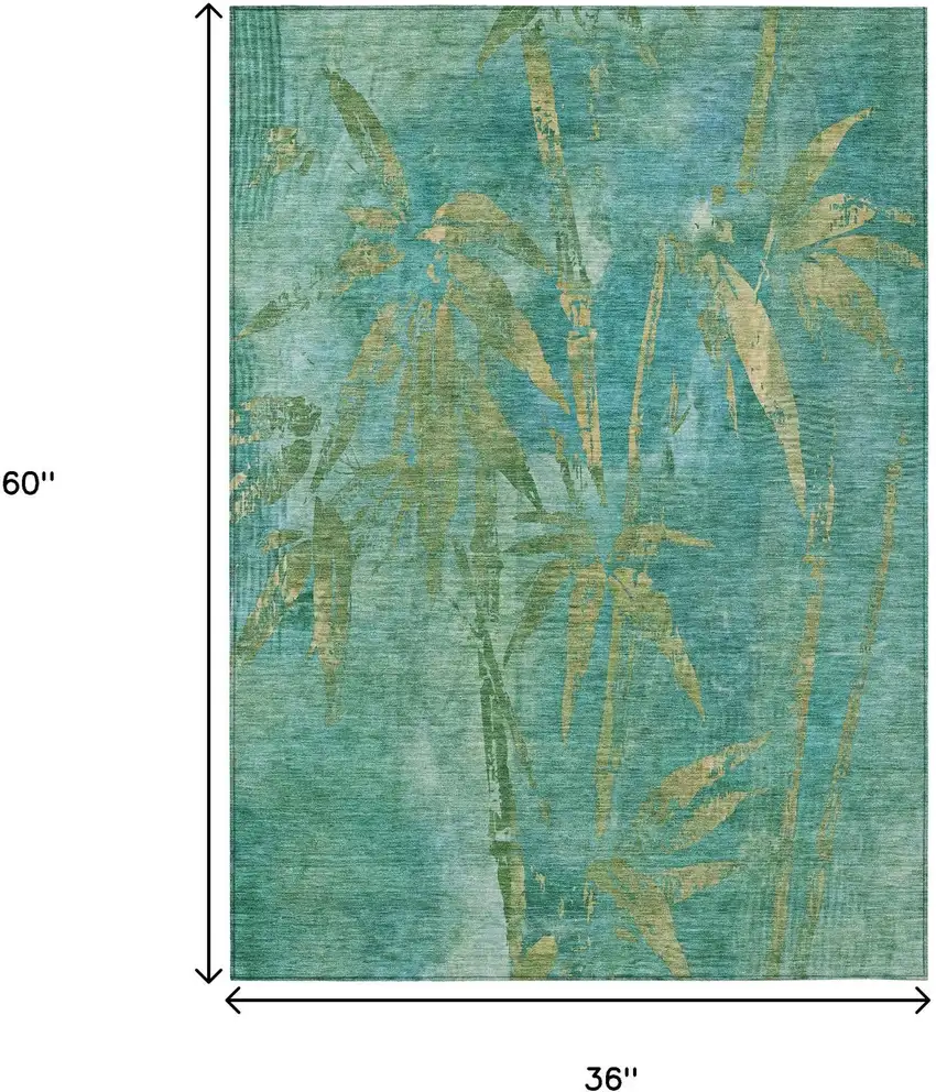 Teal Blue And Gold Botanical Leaves Washable Indoor Outdoor Area Rug Photo 3
