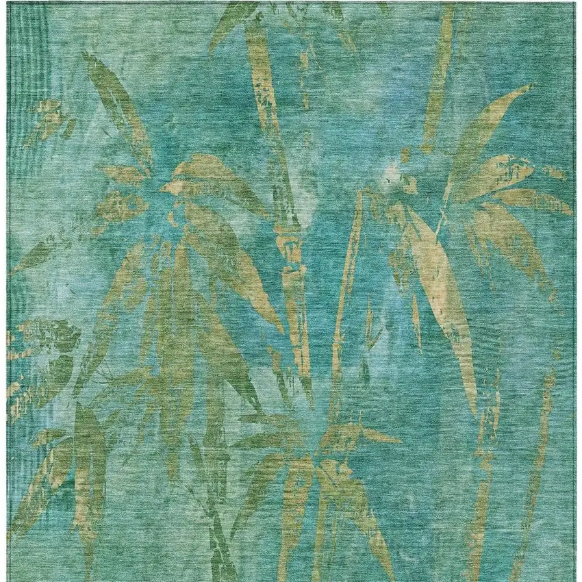 Teal Blue And Gold Botanical Leaves Washable Indoor Outdoor Area Rug Photo 6