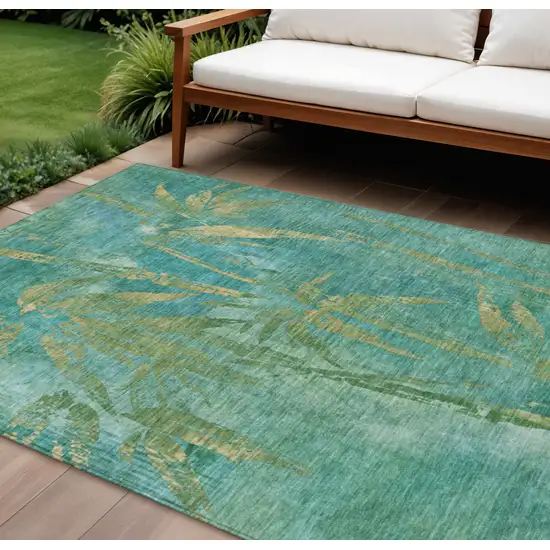 Teal Blue And Gold Botanical Leaves Washable Indoor Outdoor Area Rug Photo 1