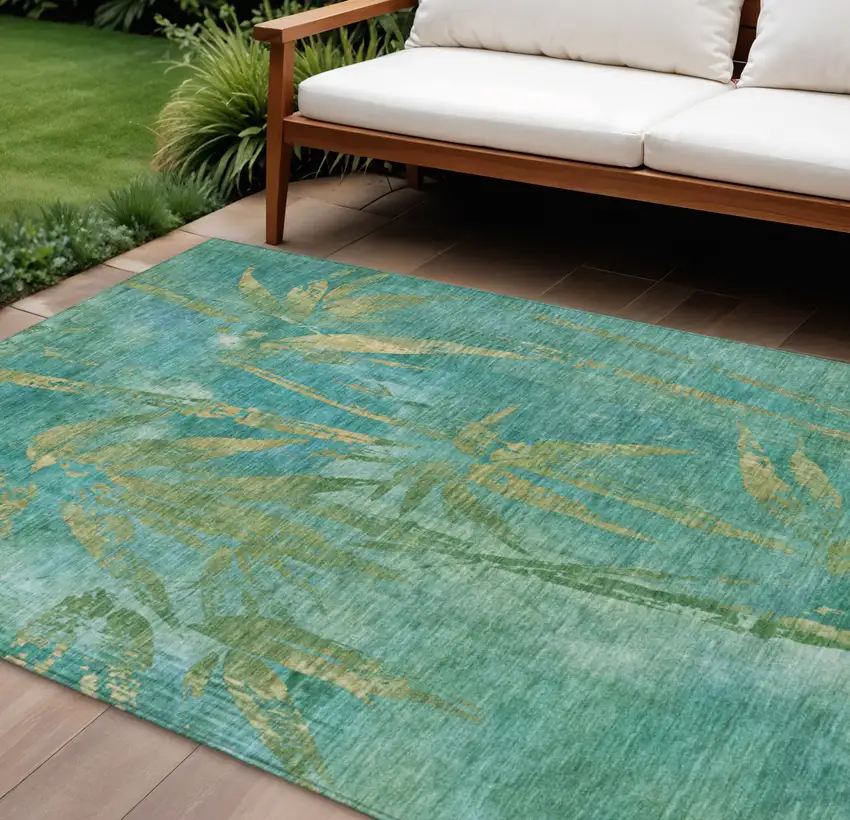 Teal Blue And Gold Botanical Leaves Washable Indoor Outdoor Area Rug Photo 1