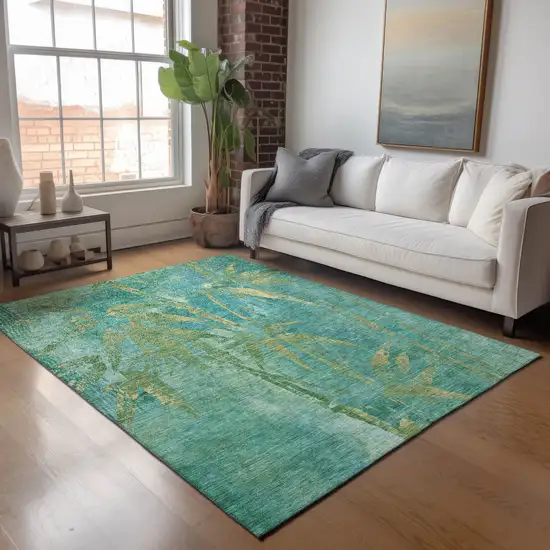 Teal Blue And Gold Botanical Leaves Washable Indoor Outdoor Area Rug Photo 7