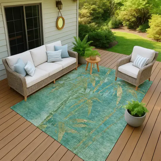 Teal Blue And Gold Botanical Leaves Washable Indoor Outdoor Area Rug Photo 5