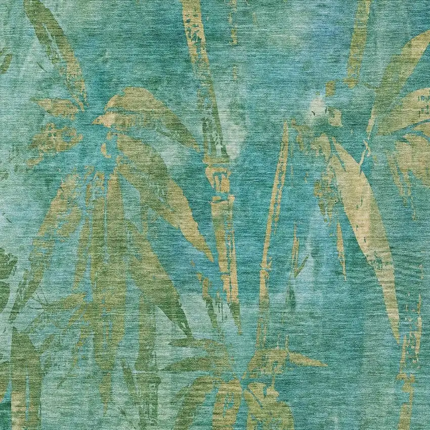 Teal Blue And Gold Botanical Leaves Washable Indoor Outdoor Area Rug Photo 6