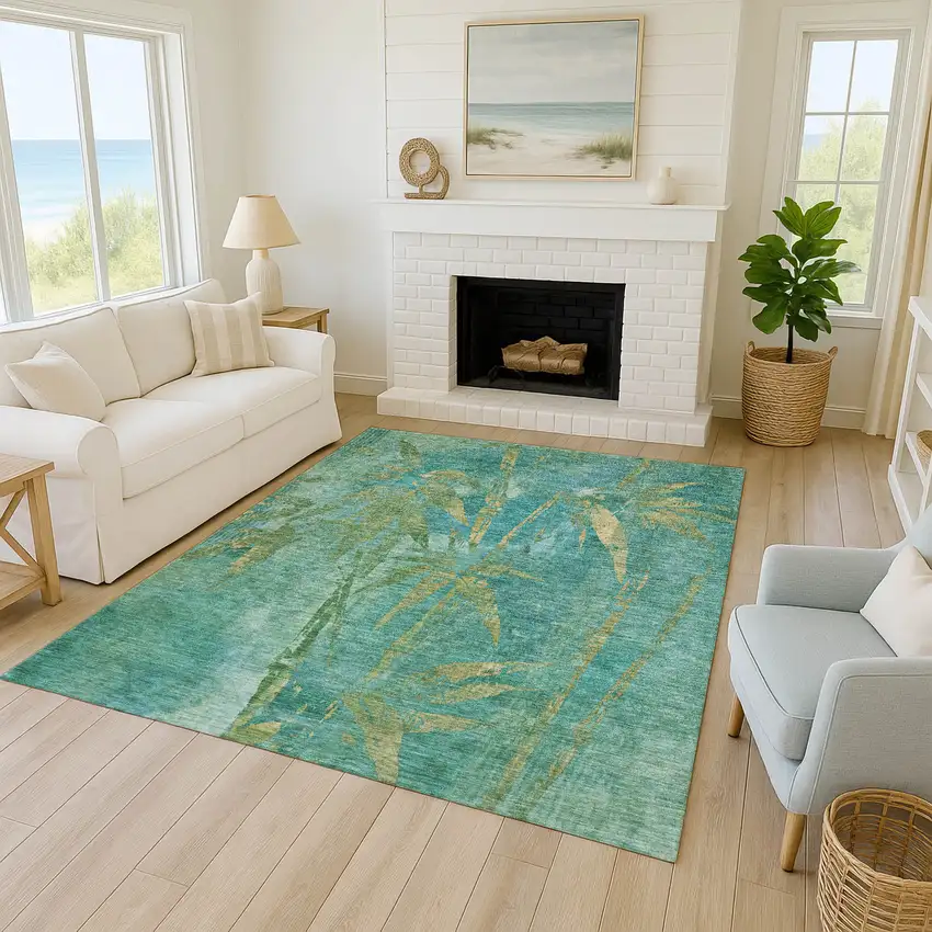 Teal Blue And Gold Botanical Leaves Washable Indoor Outdoor Area Rug Photo 8