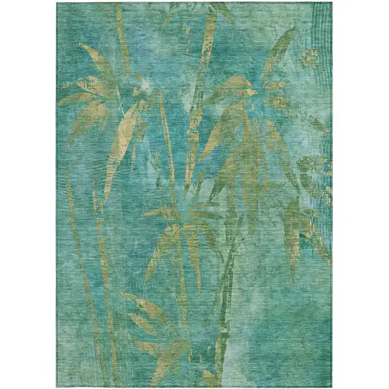 Teal Blue And Gold Botanical Leaves Washable Indoor Outdoor Area Rug Photo 4