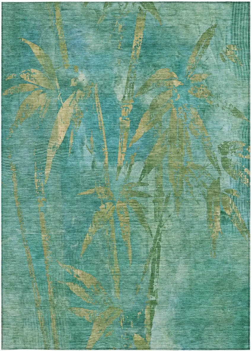 Teal Blue And Gold Botanical Leaves Washable Indoor Outdoor Area Rug Photo 4