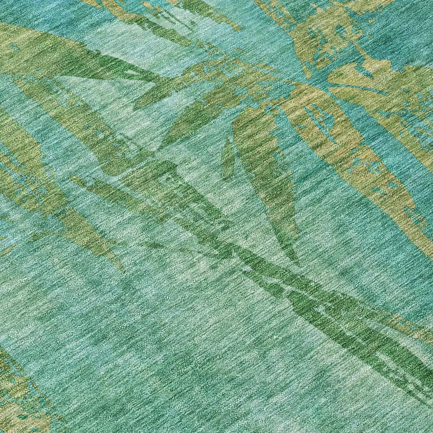 Teal Blue And Gold Botanical Leaves Washable Indoor Outdoor Area Rug Photo 7