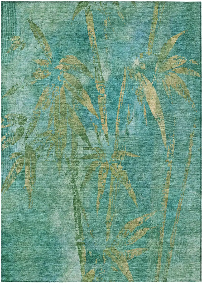 Teal Blue And Gold Botanical Leaves Washable Indoor Outdoor Area Rug Photo 2