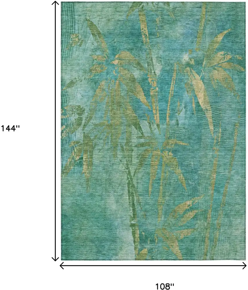 Teal Blue And Gold Botanical Leaves Washable Indoor Outdoor Area Rug Photo 3