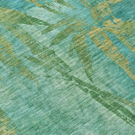 Teal Blue And Gold Botanical Leaves Washable Indoor Outdoor Area Rug Photo 9
