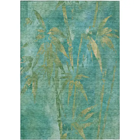 Teal Blue And Gold Botanical Leaves Washable Indoor Outdoor Area Rug Photo 2