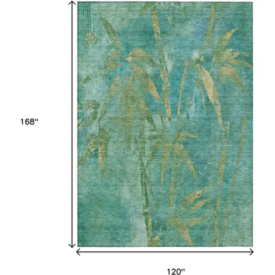 Teal Blue And Gold Botanical Leaves Washable Indoor Outdoor Area Rug Photo 3