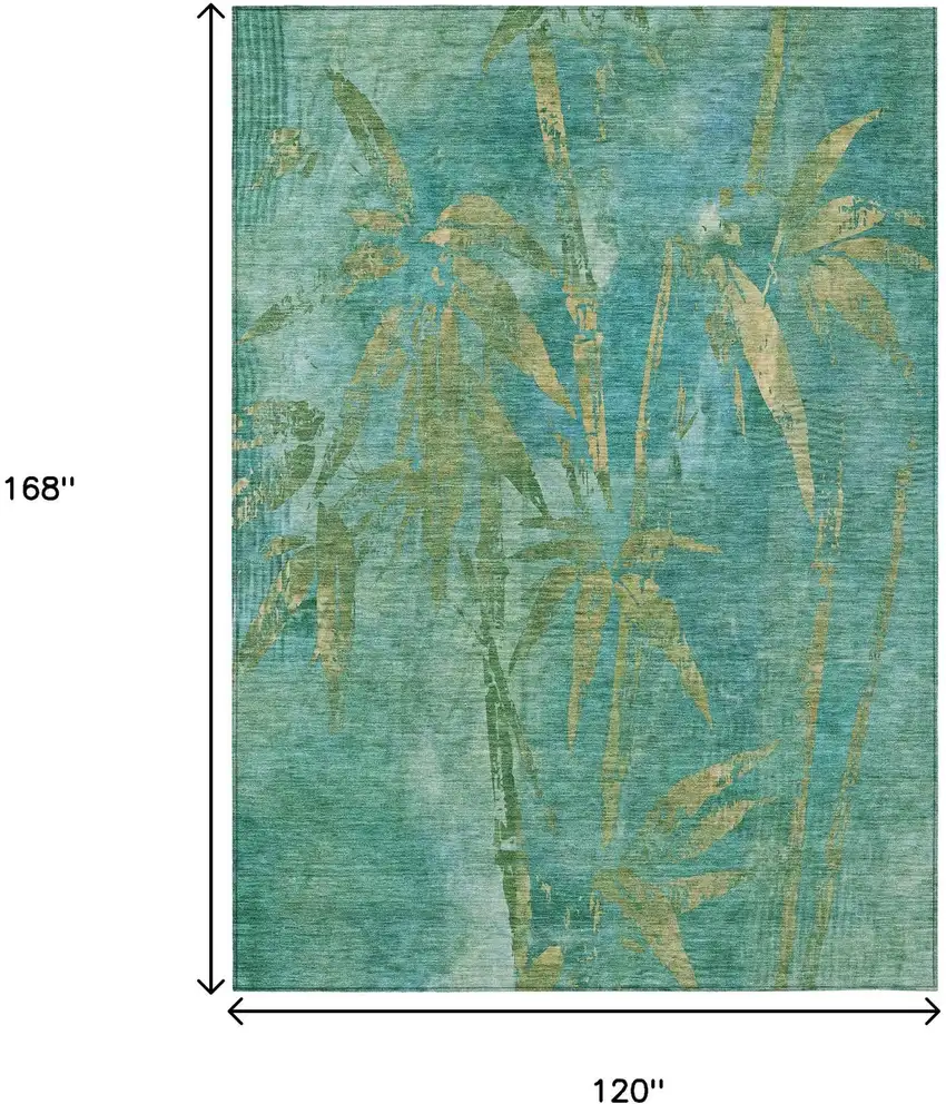 Teal Blue And Gold Botanical Leaves Washable Indoor Outdoor Area Rug Photo 3