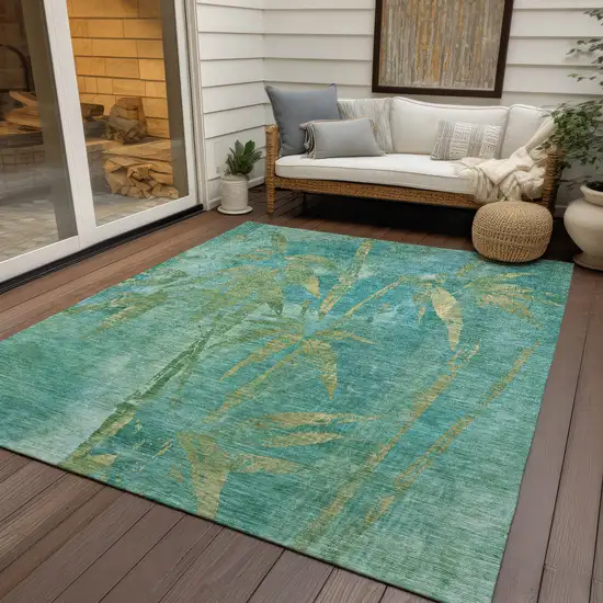 Teal Blue And Gold Botanical Leaves Washable Indoor Outdoor Area Rug Photo 8