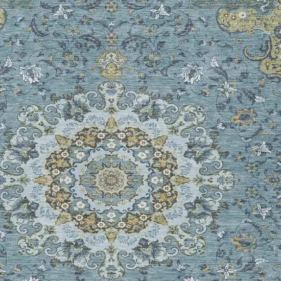 Teal Blue And Gold Floral Medallion Washable Indoor Outdoor Area Rug Photo 3