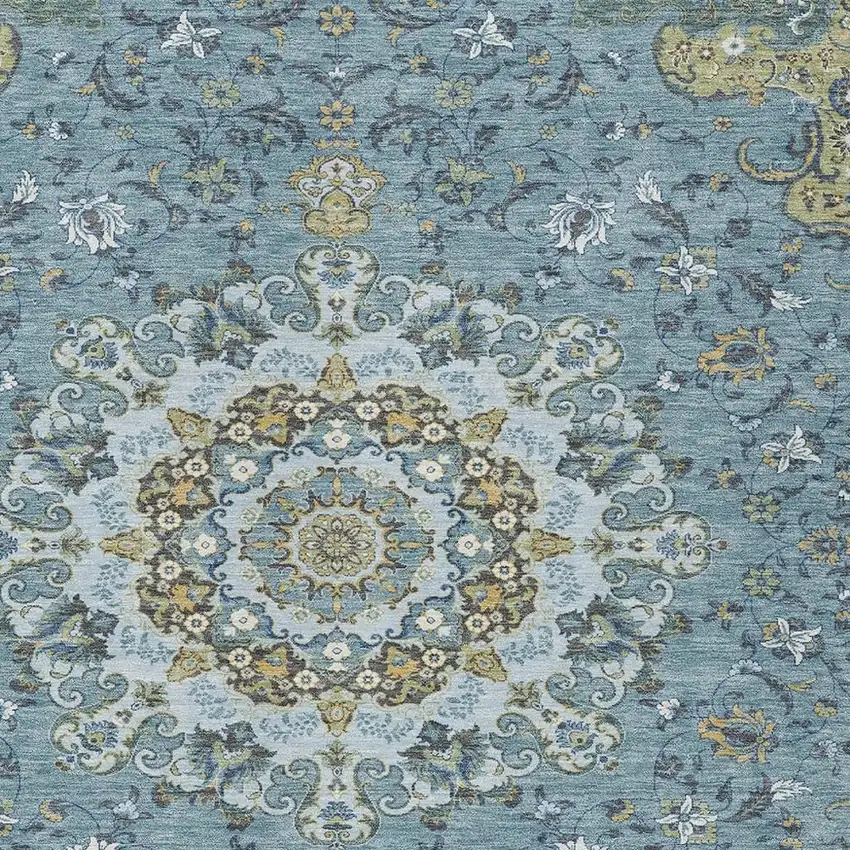 Teal Blue And Gold Floral Medallion Washable Indoor Outdoor Area Rug Photo 3
