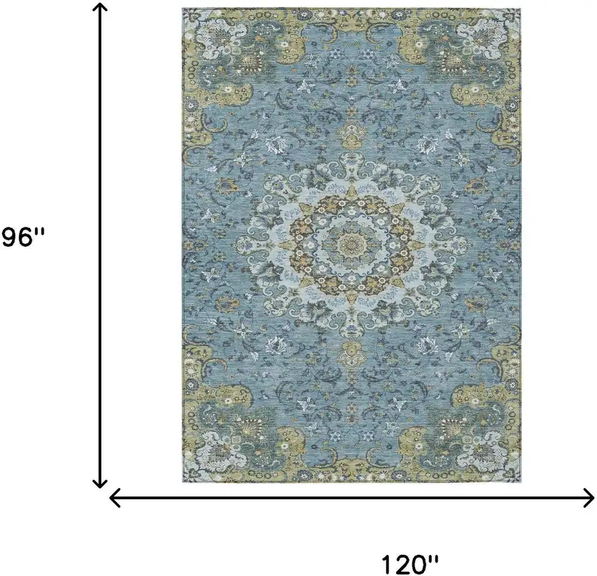 Teal Blue And Gold Floral Medallion Washable Indoor Outdoor Area Rug Photo 7