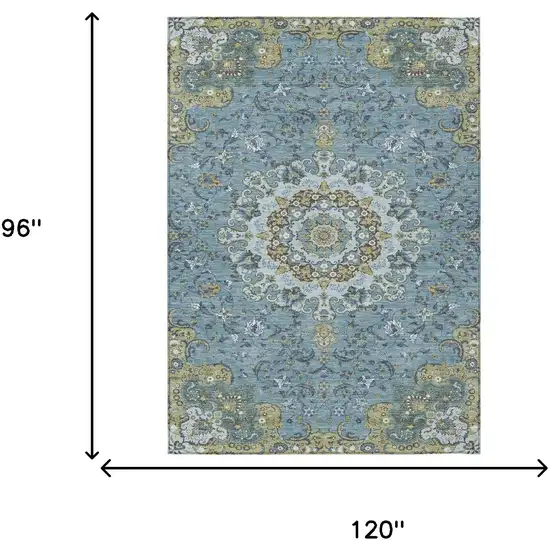 Teal Blue And Gold Floral Medallion Washable Indoor Outdoor Area Rug Photo 7