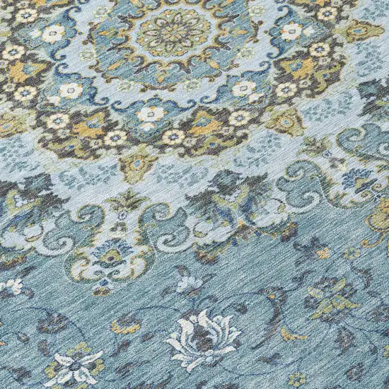 Teal Blue And Gold Floral Medallion Washable Indoor Outdoor Area Rug Photo 6