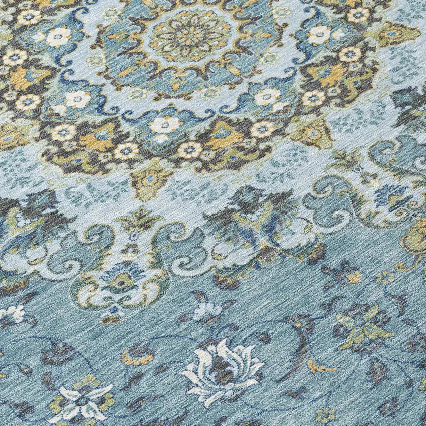 Teal Blue And Gold Floral Medallion Washable Indoor Outdoor Area Rug Photo 6