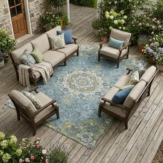 Teal Blue And Gold Floral Medallion Washable Indoor Outdoor Area Rug Photo 1