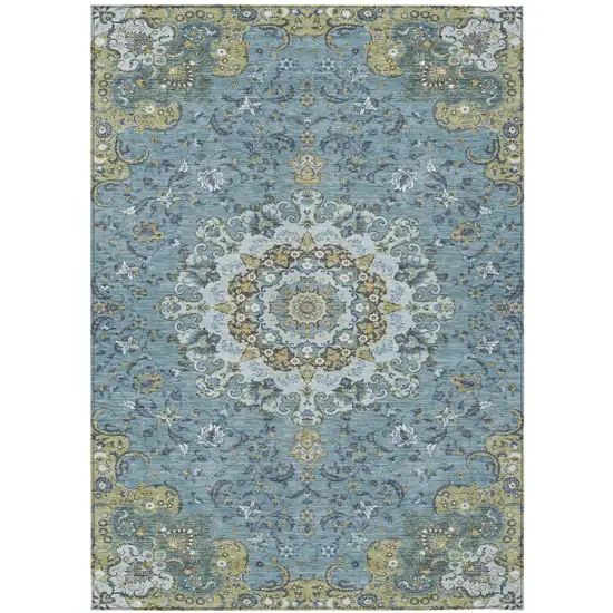 Teal Blue And Gold Floral Medallion Washable Indoor Outdoor Area Rug Photo 2