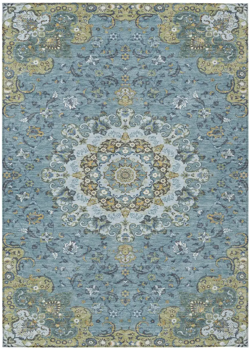 Teal Blue And Gold Floral Medallion Washable Indoor Outdoor Area Rug Photo 2