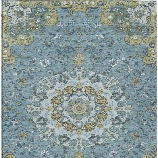 Teal Blue And Gold Floral Medallion Washable Indoor Outdoor Area Rug Photo 4