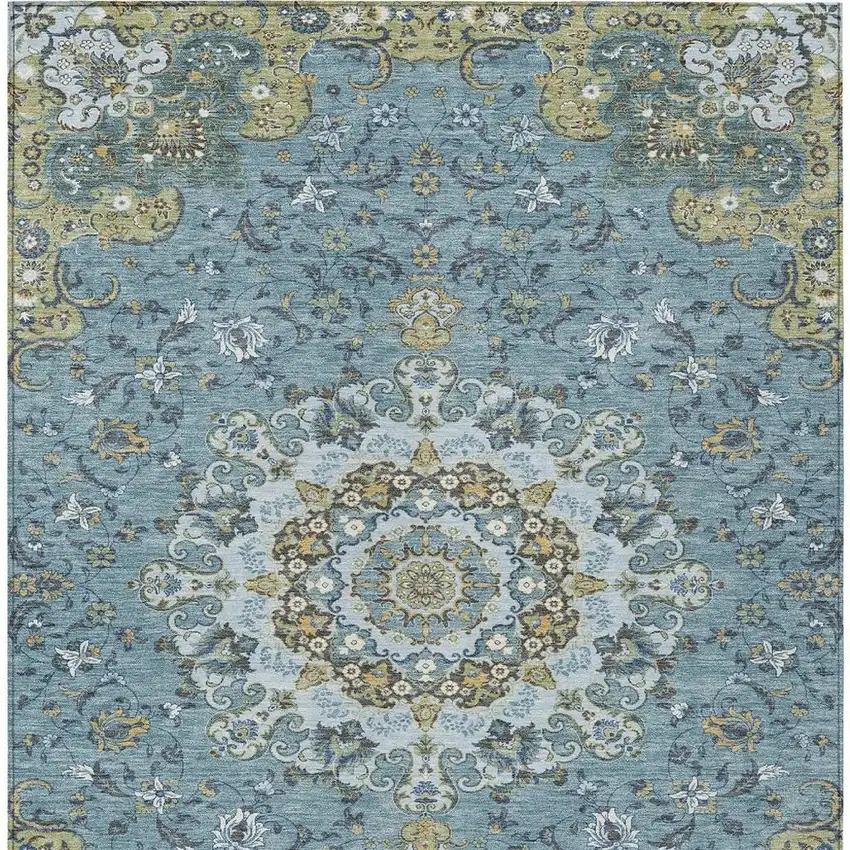 Teal Blue And Gold Floral Medallion Washable Indoor Outdoor Area Rug Photo 4