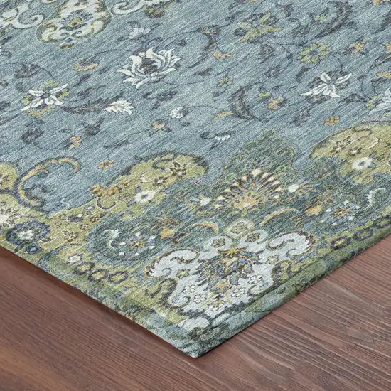 Teal Blue And Gold Floral Medallion Washable Indoor Outdoor Area Rug Photo 5