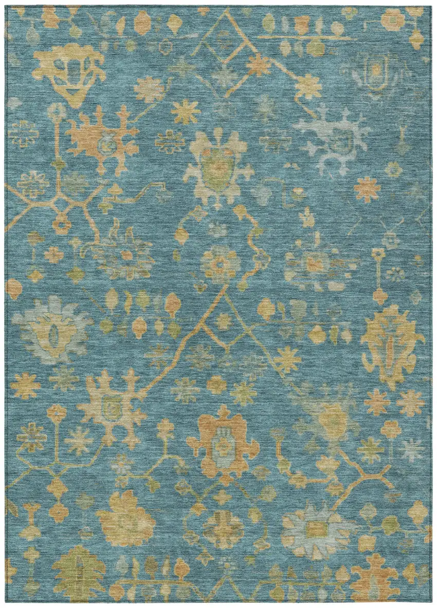 Teal Blue And Gold Floral Washable Indoor Outdoor Area Rug Photo 1
