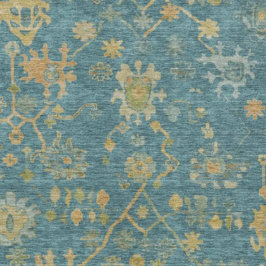 Teal Blue And Gold Floral Washable Indoor Outdoor Area Rug Photo 3