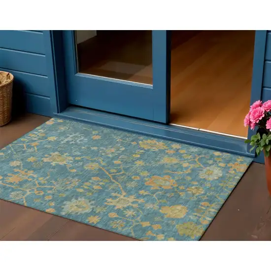 Teal Blue And Gold Floral Washable Indoor Outdoor Area Rug Photo 2