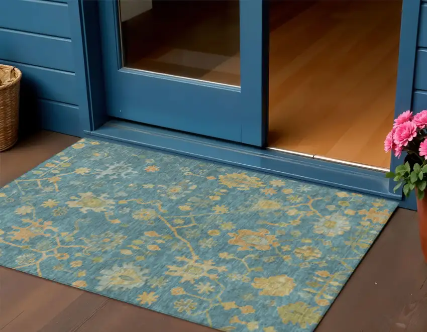 Teal Blue And Gold Floral Washable Indoor Outdoor Area Rug Photo 2